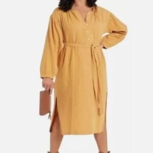 Universal Thread Mustard Gold Balloon Sleeve Gauze Dress Midi Tie Waist Henley